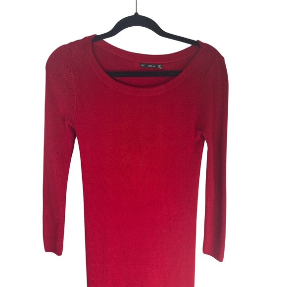 ZARA Medium Knit Red Long-Sleeve Midi Bodycon Dress Slim Fit - Picture 6 of 13